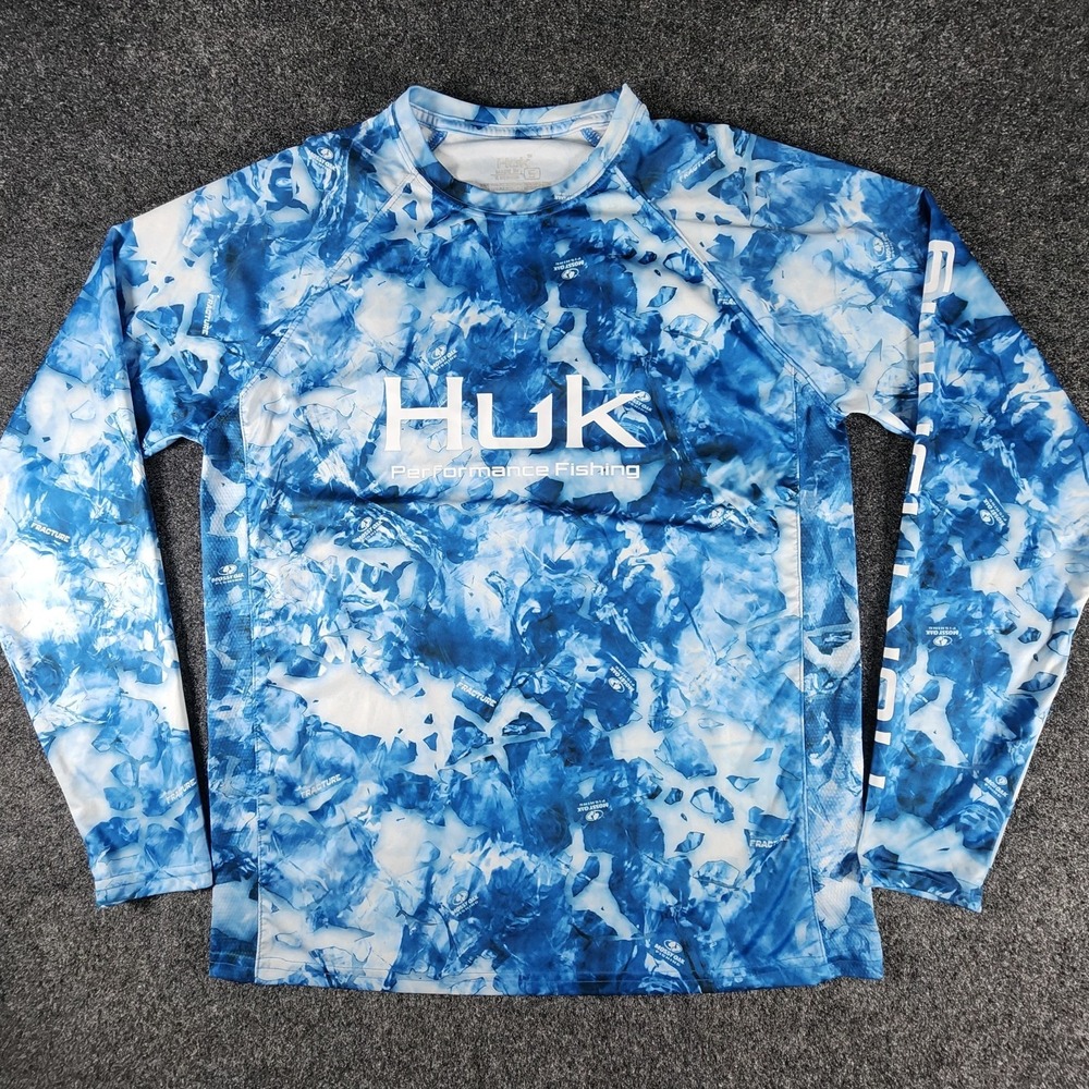 Huk Performance Fishing Hydro Camo Mossy Oak Long Sleeve Shirt Size Small Blue